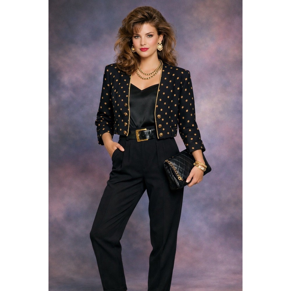 Joan Walters Black Gold Polka Dot Cropped Jacket Women Size 8‎